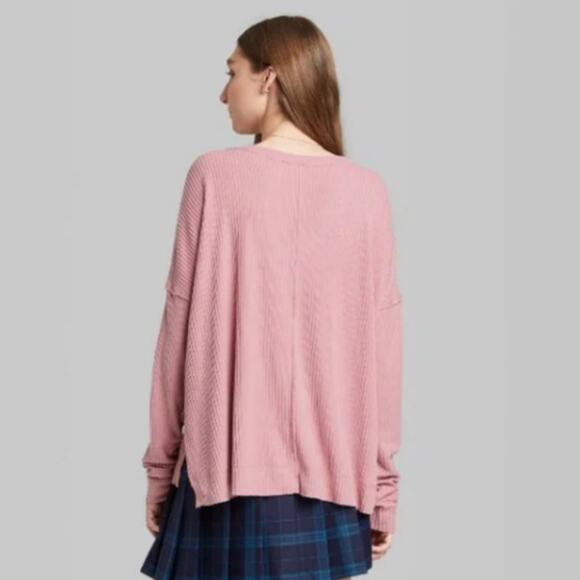 Wild Fable Oversize Sweater L Pink Ribbed Knit Hi Low Boxy Side Slit V Neck Top - Picture 9 of 13